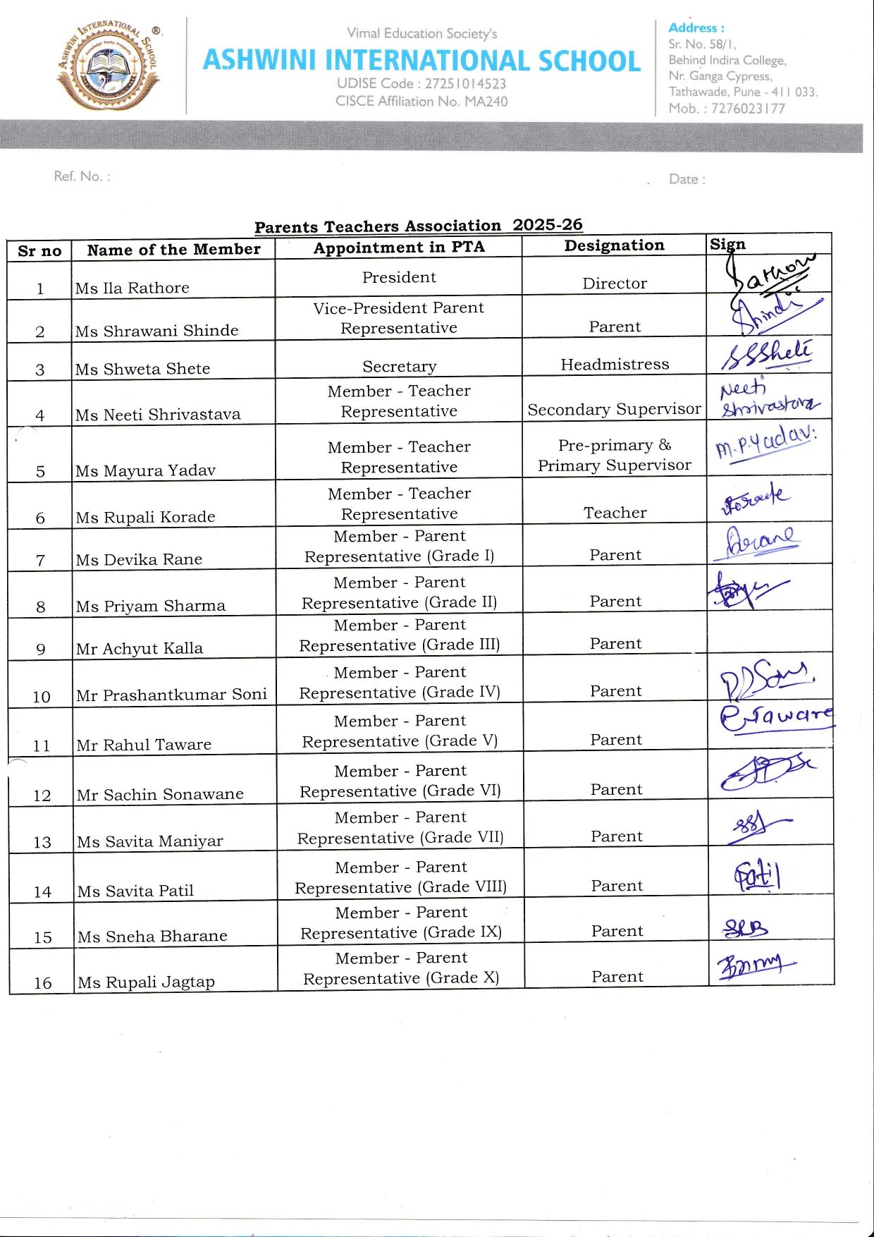 PTA Member List Ashwini International School PTA Member List Ashwini International School