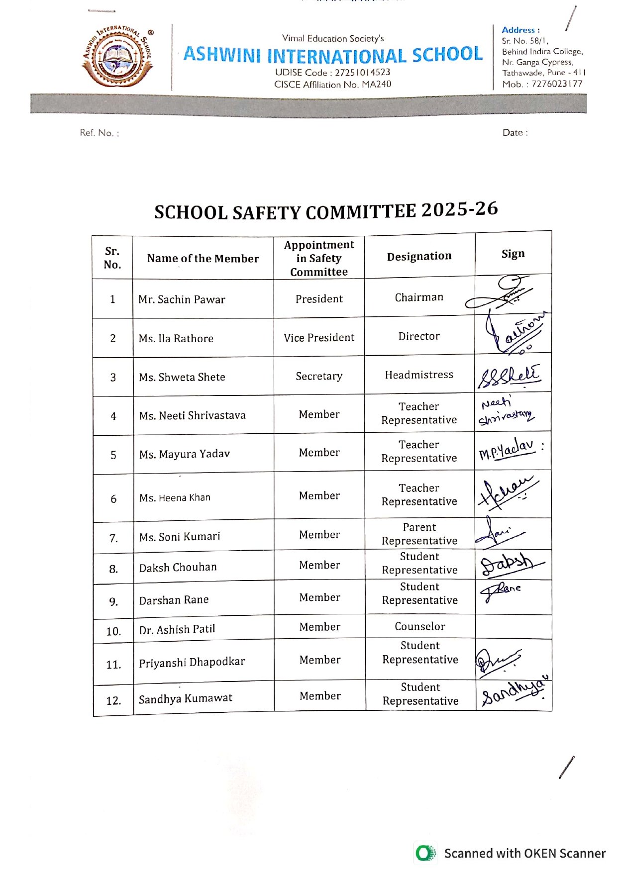 Safety Committee List Ashwini International School Safety Committee List Ashwini International School
